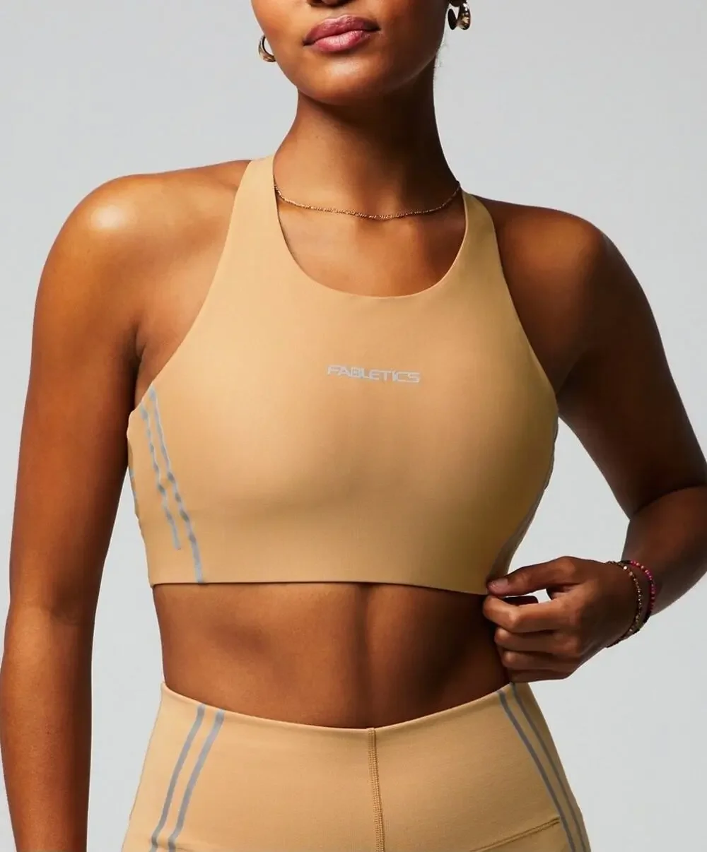 Fabletics No-Bounce Reflective Sports Bra Size Small Tan High Impact Workout Run